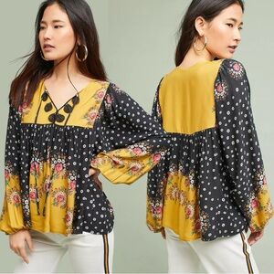 Farm Rio Intarsia Top Medium Balloon Sleeves  Peasant Floral Tassels Beaded Fall